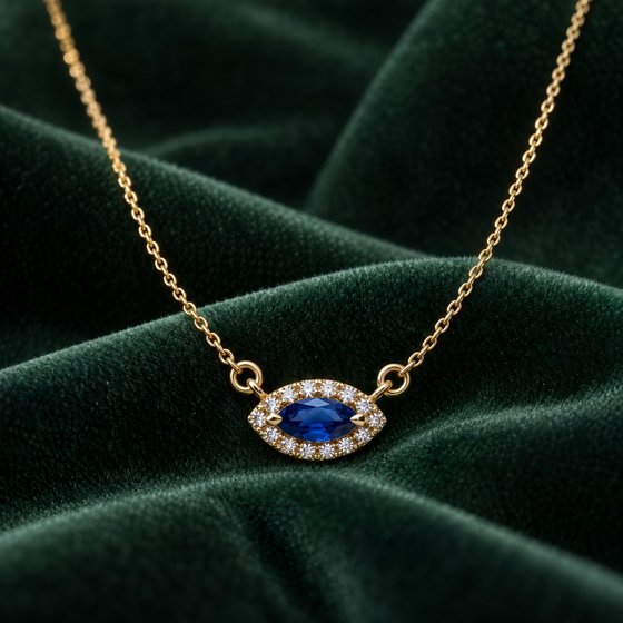 A marquise blue sapphire and diamond halo pendant on a fine gold chain draped over forest-green velvet.