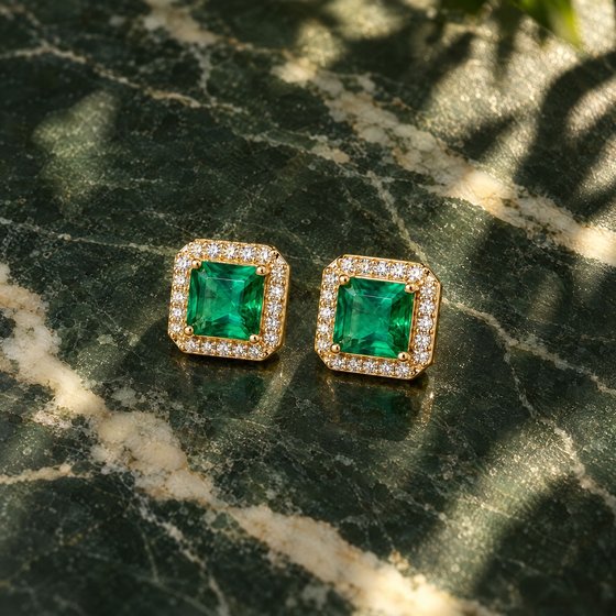 Square emerald halo stud earrings in yellow gold resting on forest-green marble in a streak of sunlight.