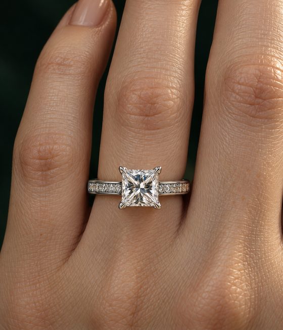 Princess-cut diamond in four claw prongs on a band lined with a row of small round diamonds.