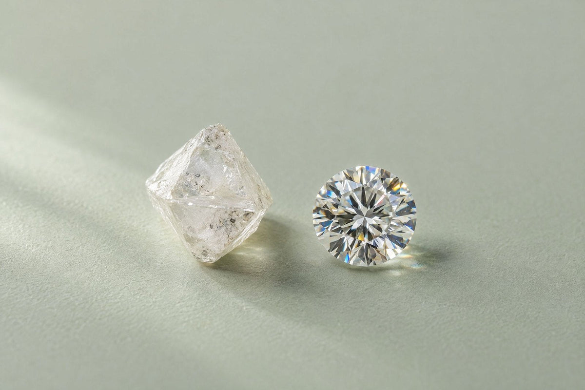 A rough diamond crystal beside a polished round brilliant diamond on a pale sage surface.