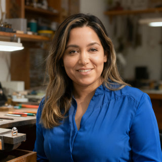 Yareli, founder and designer of Mine & Grown, at her workbench