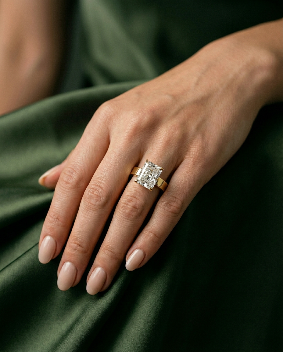 Aurora radiant solitaire engagement ring worn on the hand