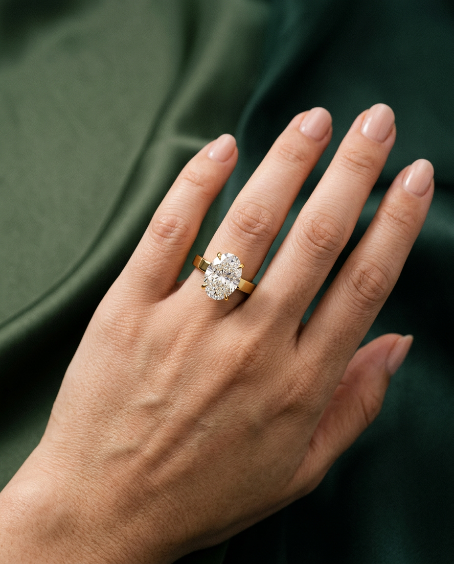 Aurora oval solitaire engagement ring worn on the hand