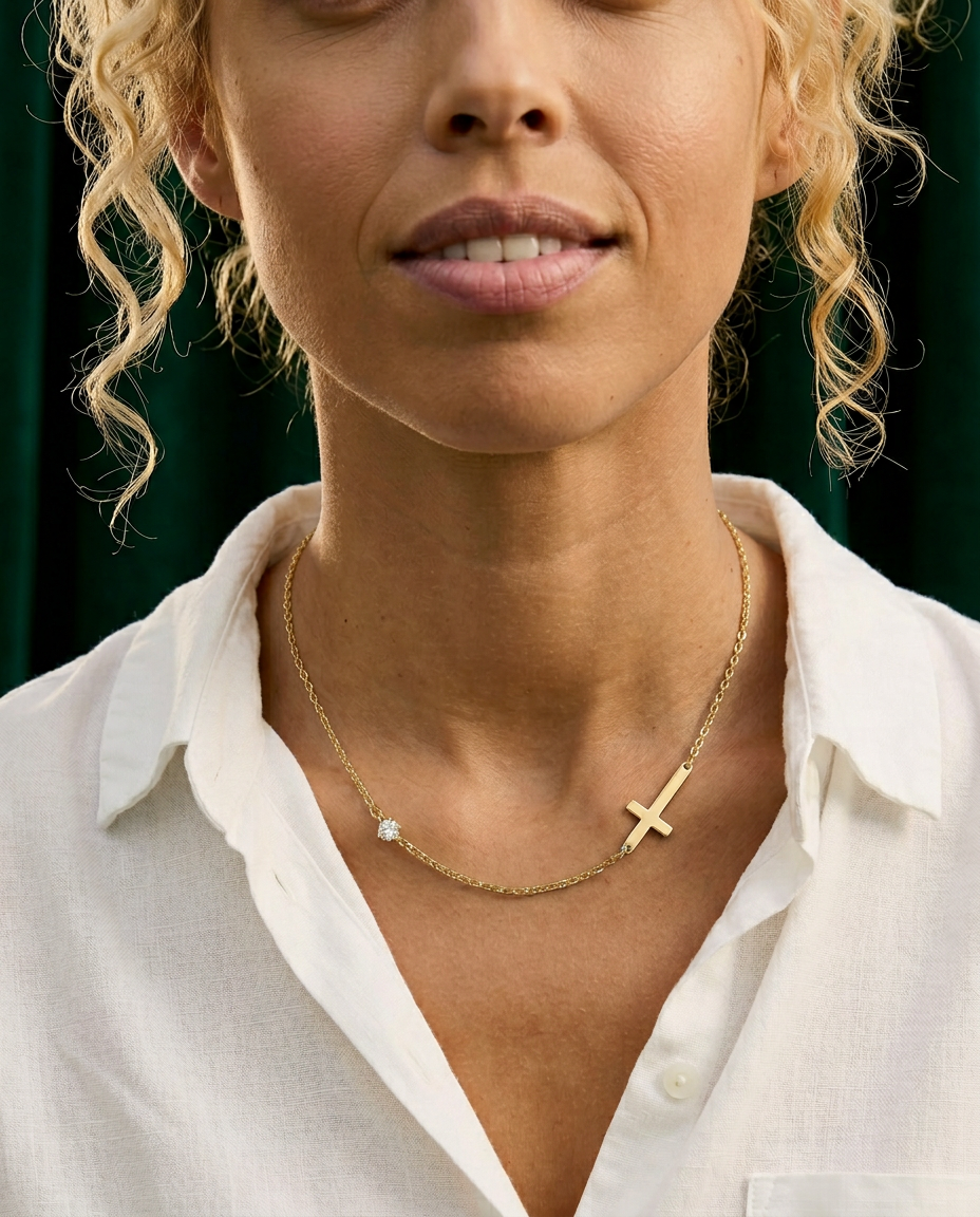 Meridian 14k Gold Cross and Solitaire Necklace