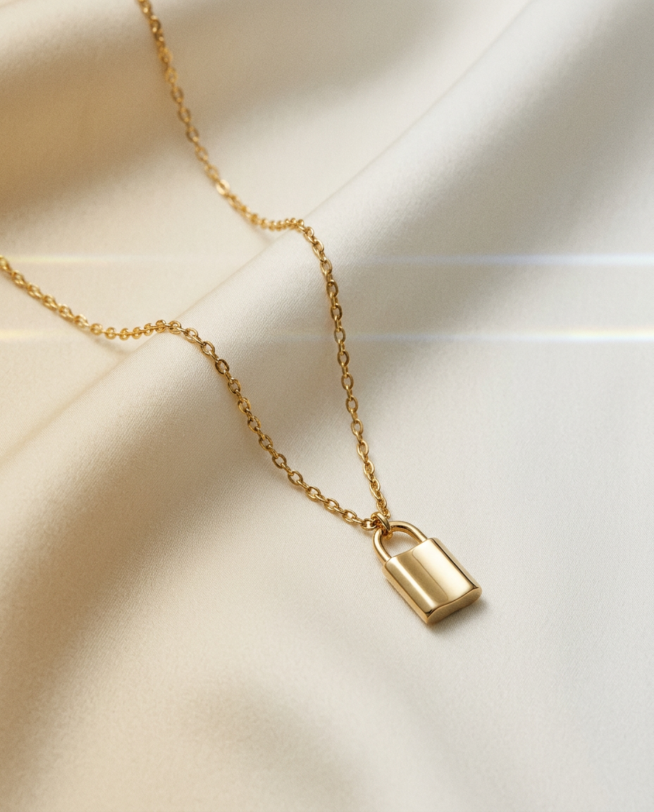 Nectar Rose Lock 14k Gold Rectangle Necklace