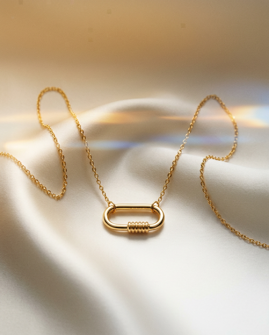 Lotus 14k Gold Carabiner Necklace, view 4