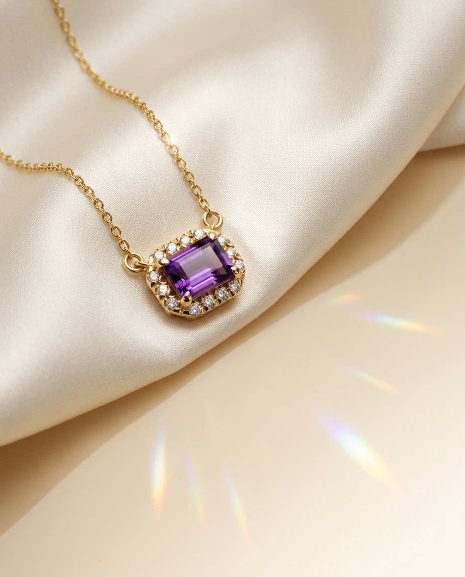 Foxgloves 14k Gold Amethyst Halo Necklace-4