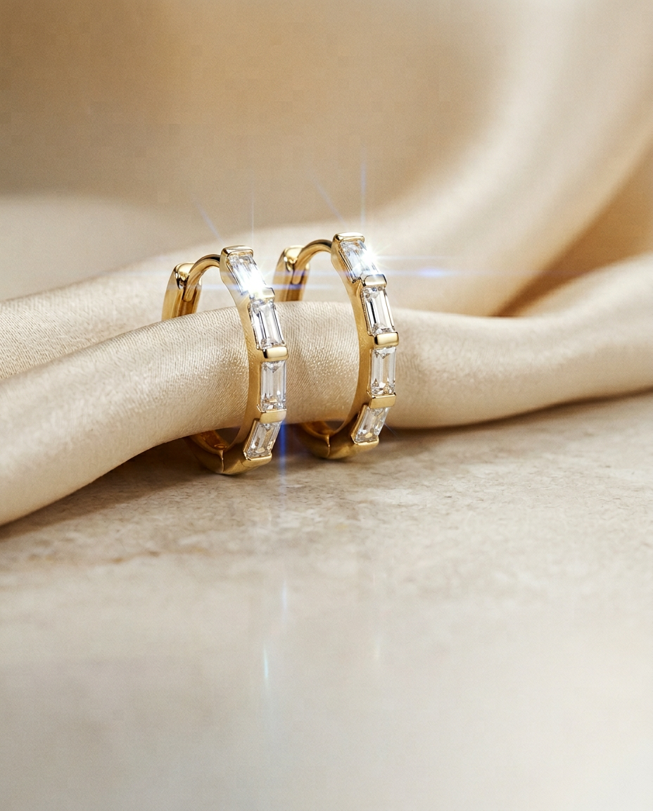 Clematis 14k Gold Baguette Huggies