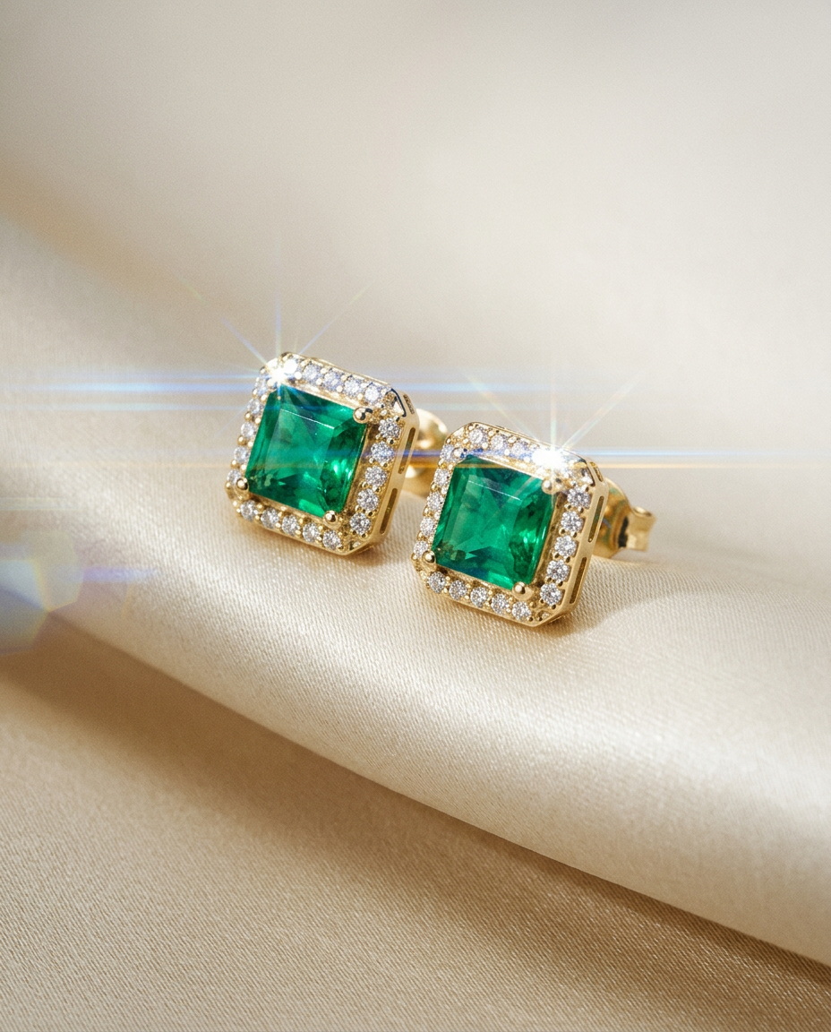 Zinnia 14k Gold Emerald and Diamond Halo Studs