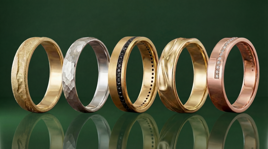 Five wedding bands in yellow, white and rose gold on green