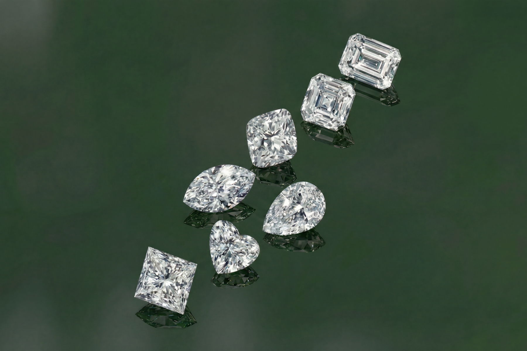 Loose diamonds in emerald, cushion, marquise, pear, heart and princess shapes on green velvet