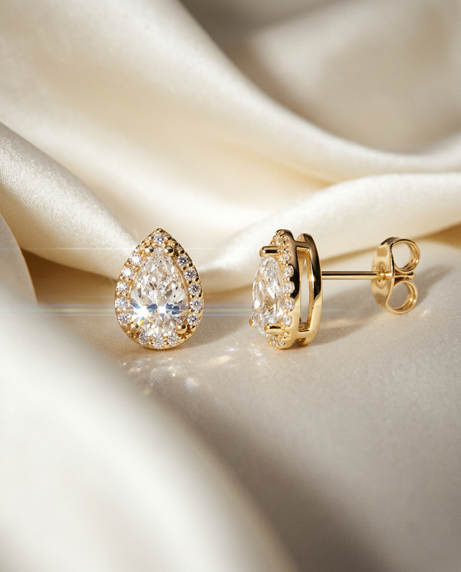 Wisteria 14k Gold Pear Halo Studs