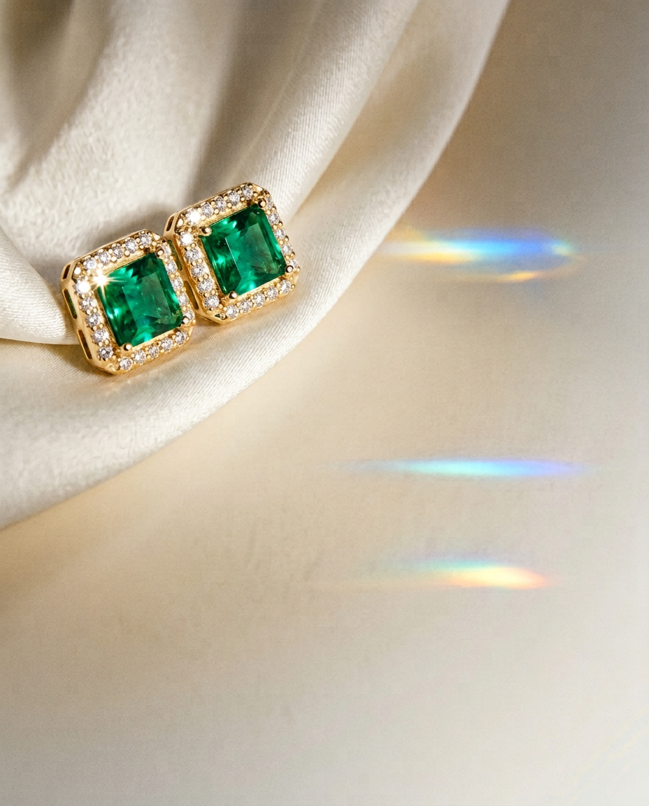 Zinnia 14k Gold Emerald and Diamond Halo Studs