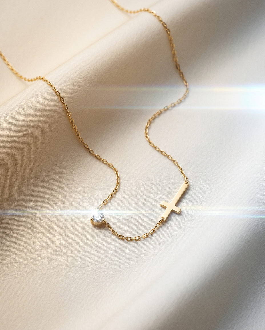 Meridian 14k Gold Cross and Solitaire Necklace