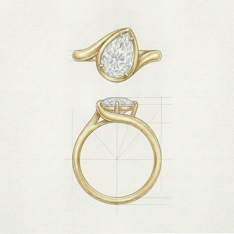 A drawing of a pear-shaped diamond ring with a bypass band, from above and from the side