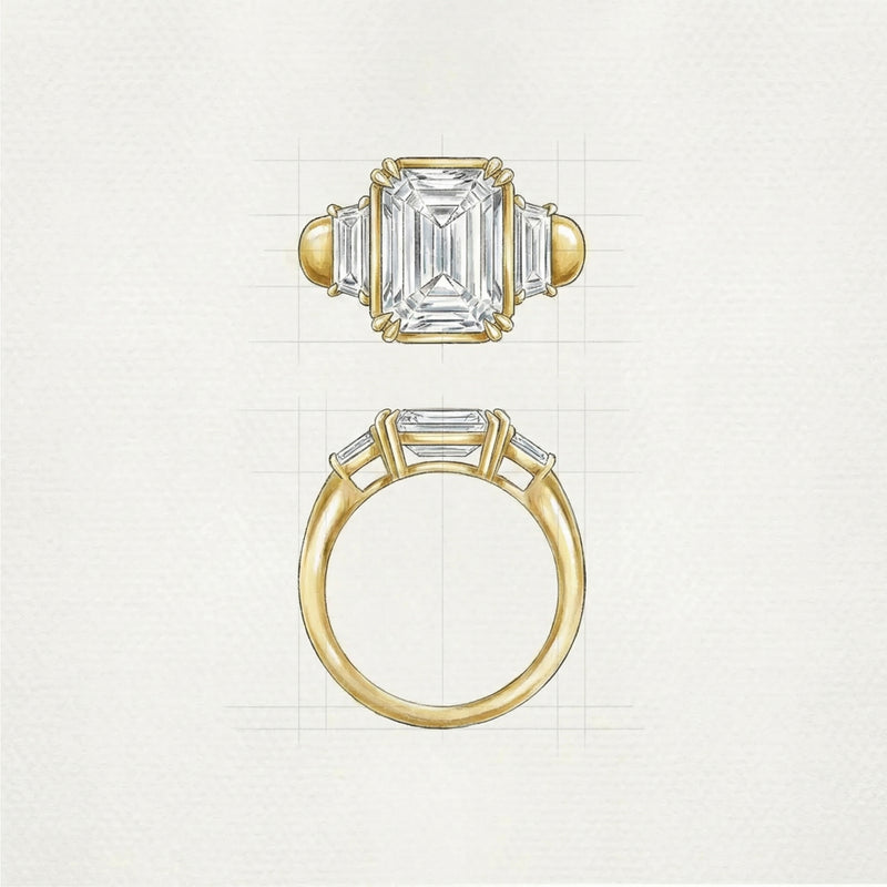 A drawing of an emerald-cut diamond ring with tapered side stones, from above and from the side
