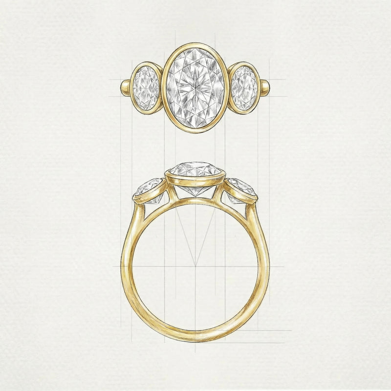 A drawing of an oval diamond ring with two bezel-set side stones, from above and from the side