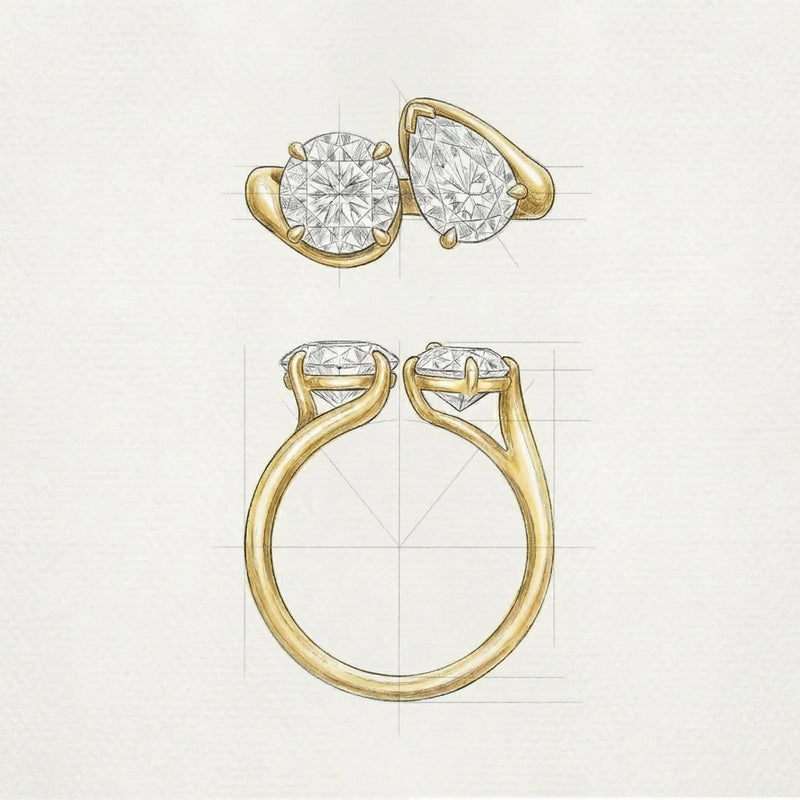A drawing of a two-stone ring with a round and a pear-shaped diamond, from above and from the side
