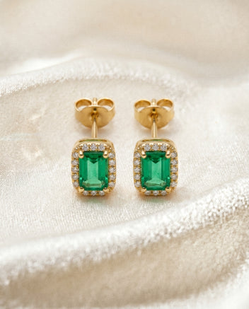Cymbidium 14k Gold Emerald Halo Studs