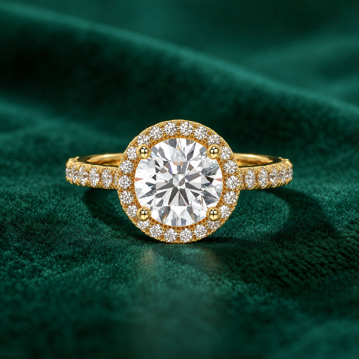 Elysian round engagement ring in yellow gold on green velvet