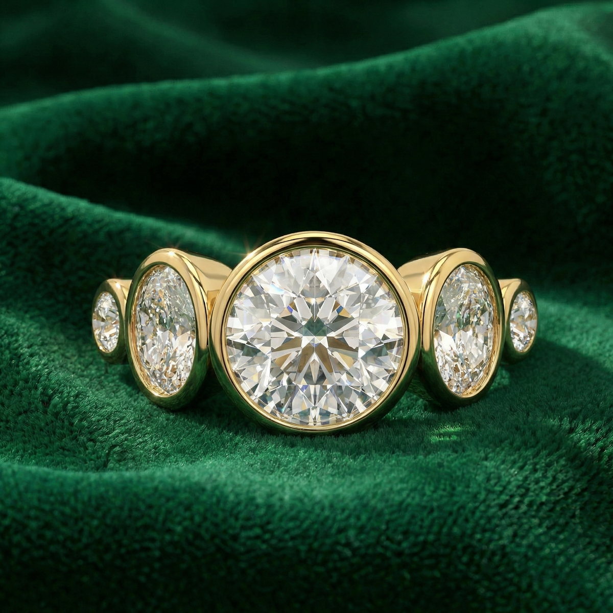 A yellow gold ring with a bezel-set round diamond between oval and round side stones, on green velvet