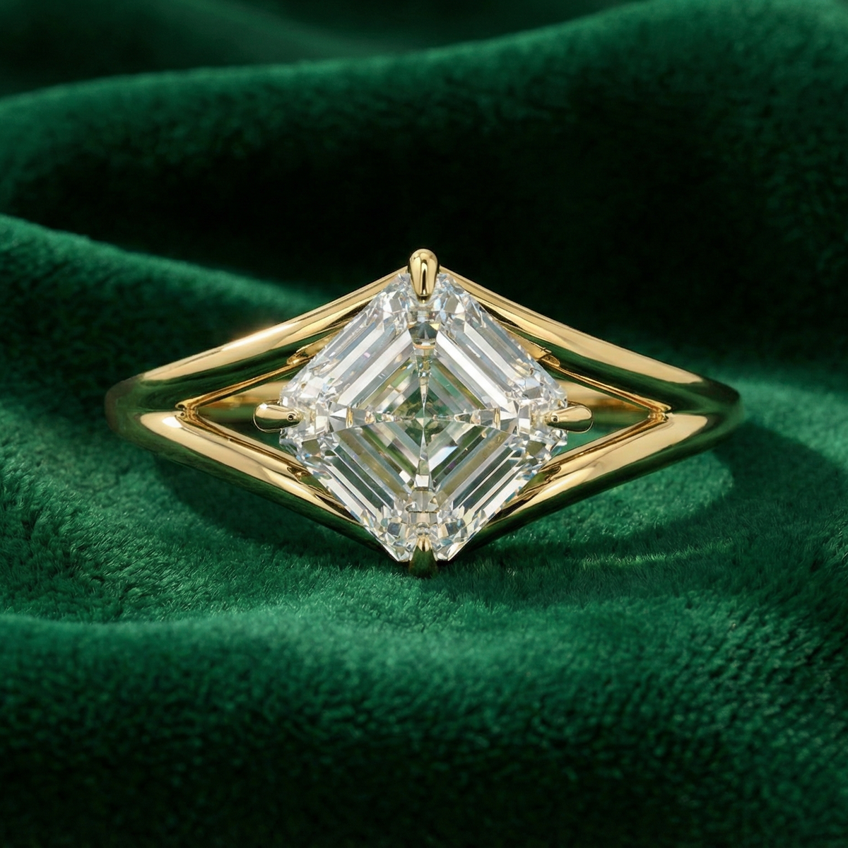 Astra asscher engagement ring in yellow gold on green velvet