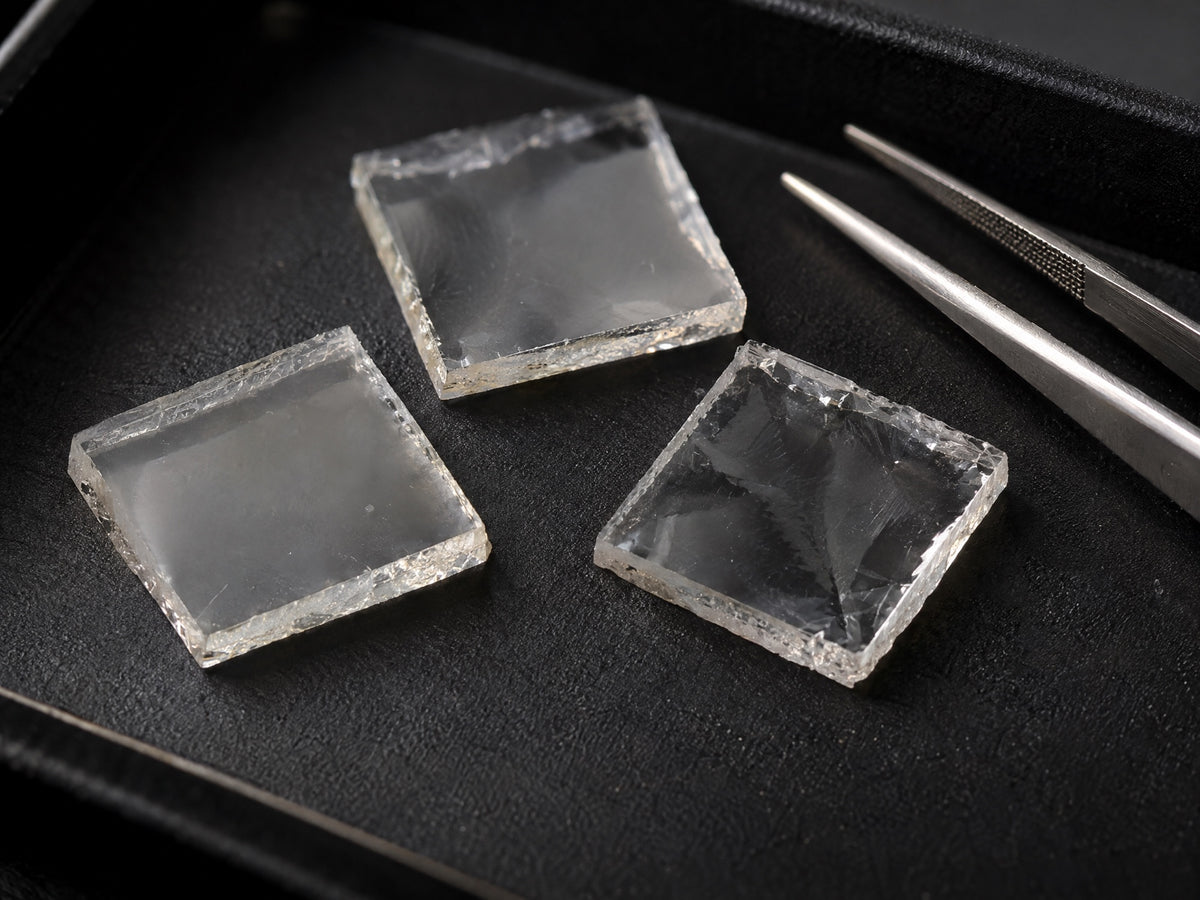 Three thin square CVD lab-grown diamond plates beside steel tweezers on a black tray