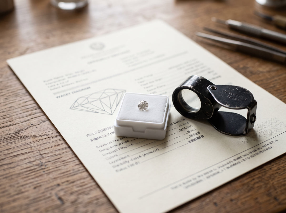 A diamond grading report on a jeweler's desk with a loose round diamond in a gem box and a 10x loupe