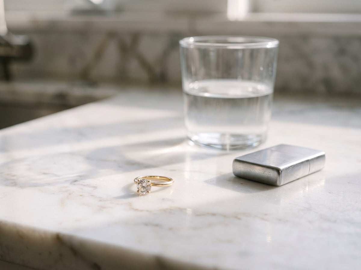 A diamond engagement ring on a marble counter beside a glass of water and a lighter