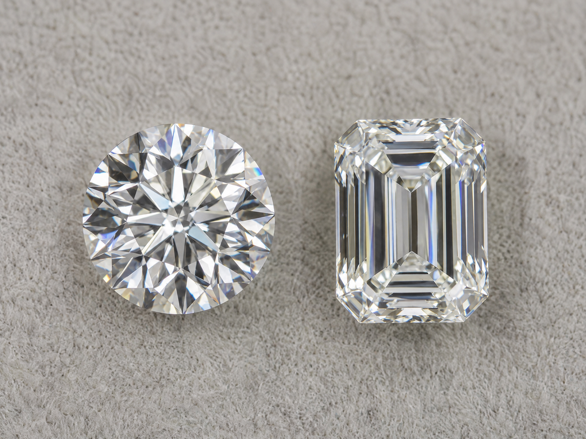 A round diamond and an emerald cut diamond of the same carat weight side by side, face up
