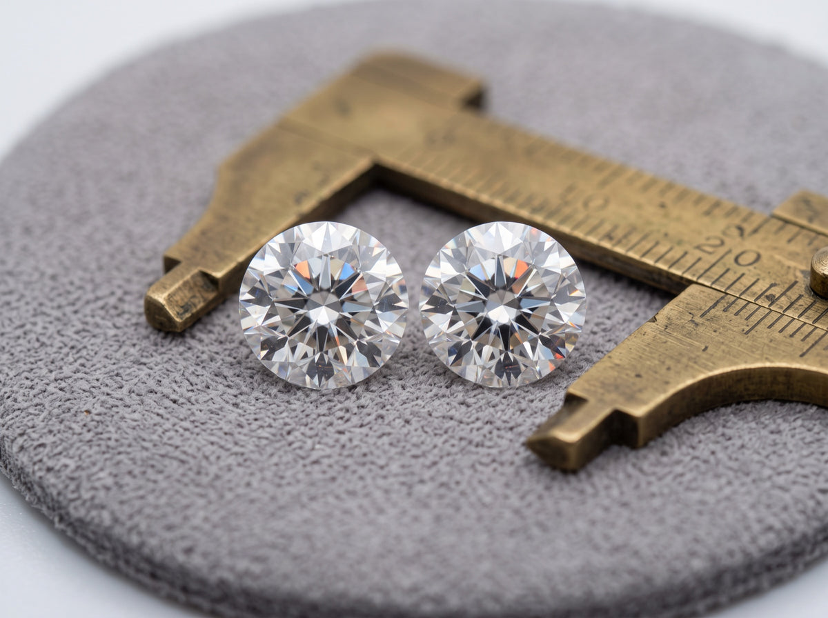 Two loose round brilliant diamonds of the same size measured with a brass gauge