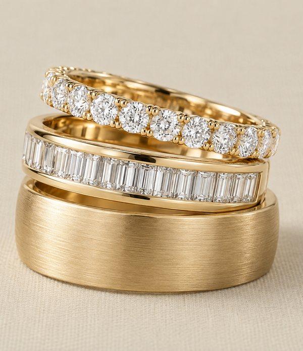 A stack of three gold wedding bands: a round diamond eternity band, a baguette diamond band and a wide brushed band.