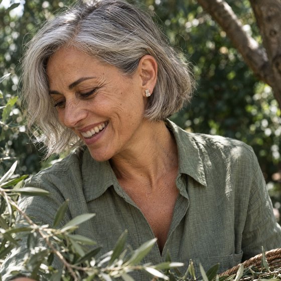 A silver-haired woman laughing in an olive grove, wearing a stud of two stacked emerald-cut diamonds in gold bezels.