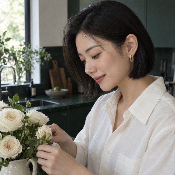 A woman arranging ivory roses in a green kitchen, wearing a slim open-rectangle gold stud with a row of diamonds.