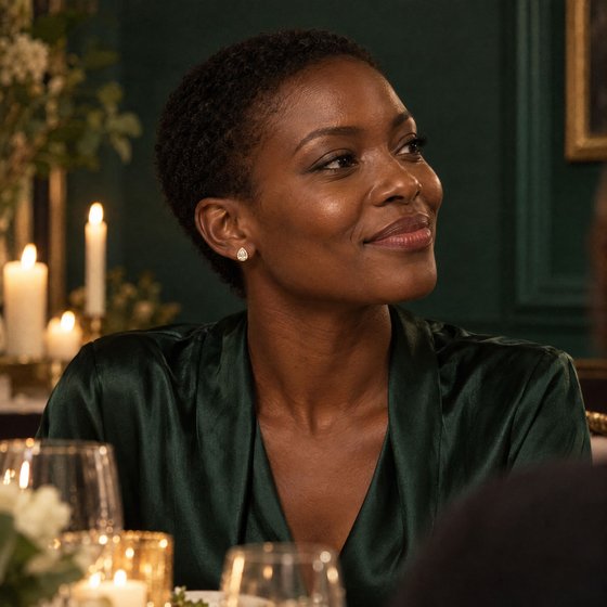 A woman smiling at a candlelit dinner, wearing a pear-shaped diamond halo stud.
